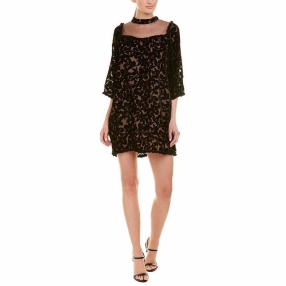 Anthropologie FoxieDox Burnout Velvet 3/4 length sleeves mini dress black size S